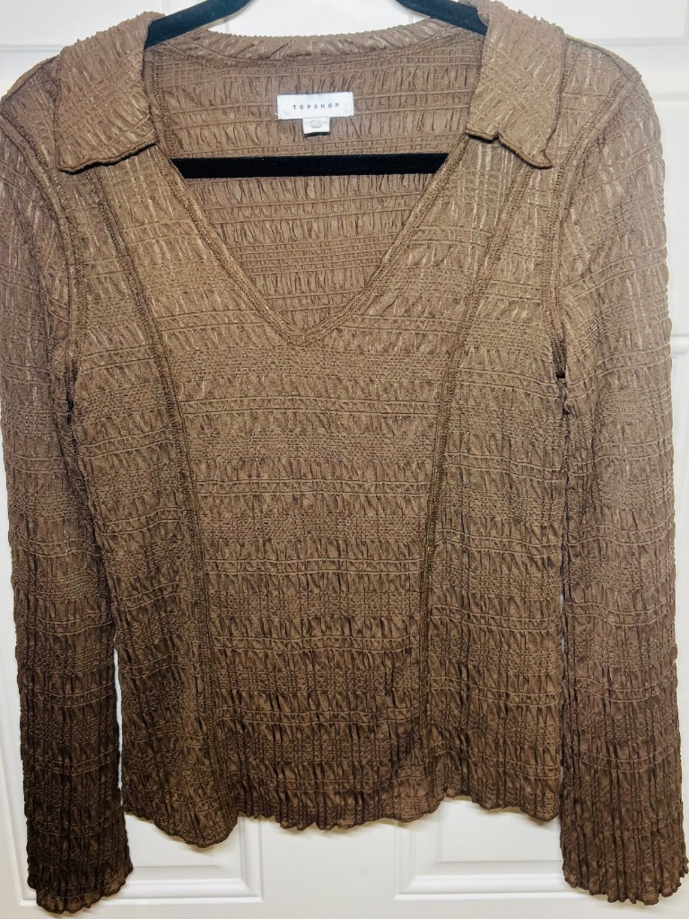 Topshop Womens Brown Textured Collared V Neck Long Sleeve Blouse Size S